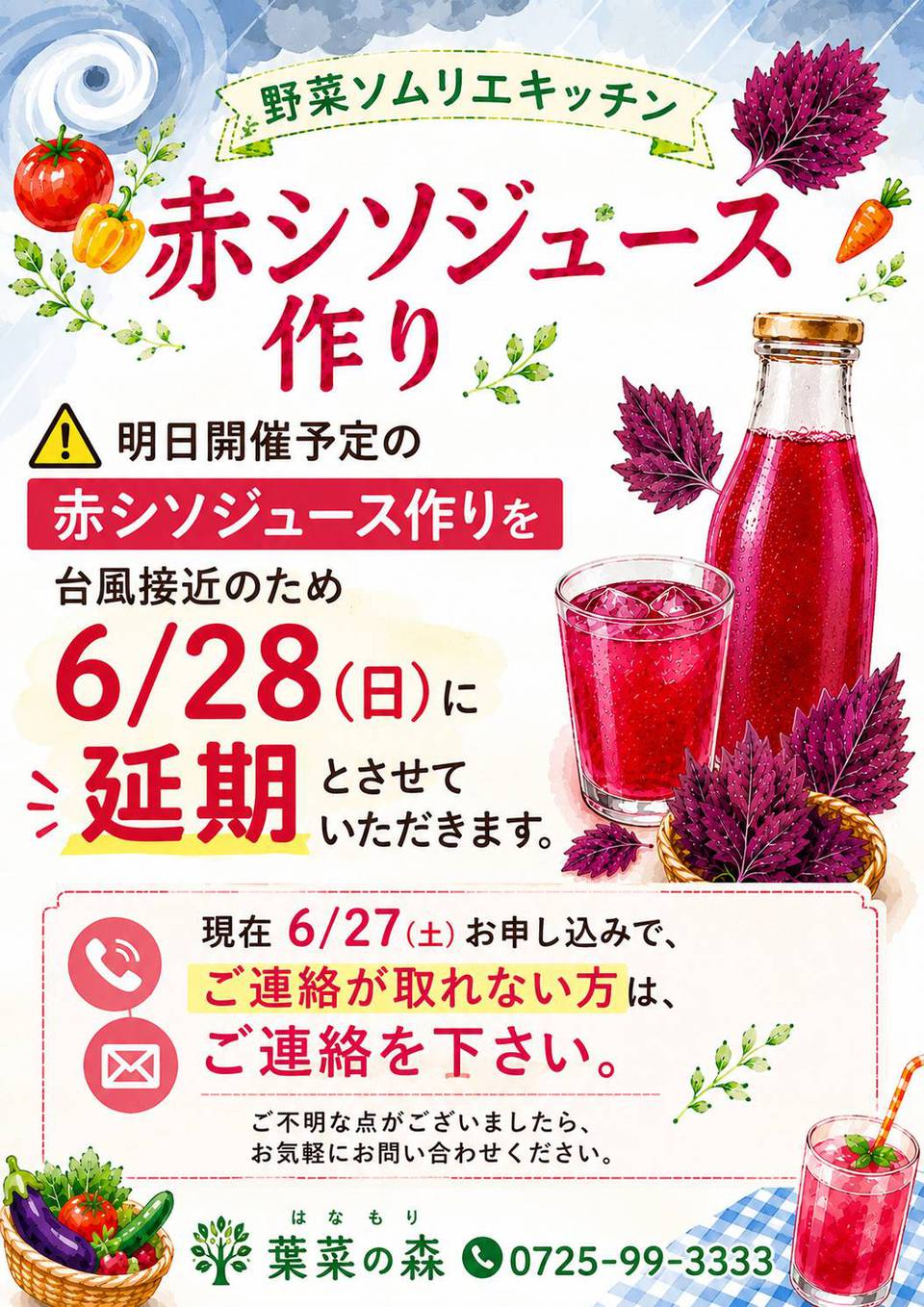 赤じそジュース体験延期について